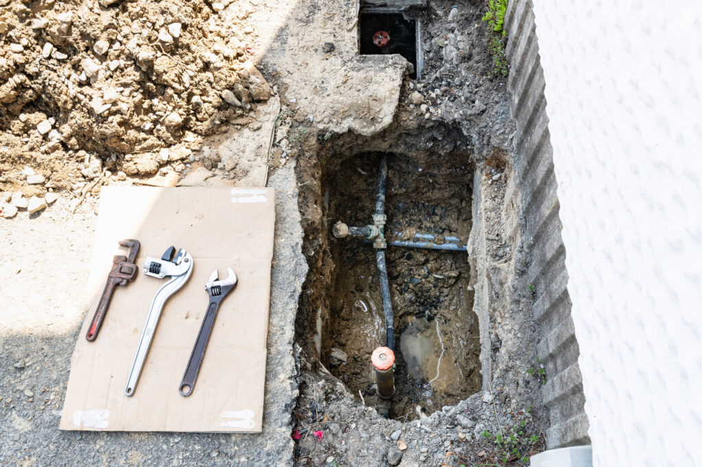 地下に埋設された水道管と工具類