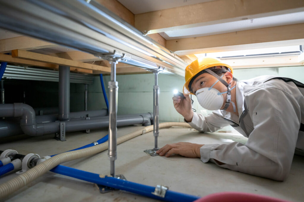 床下の状態をチェックする水道作業員